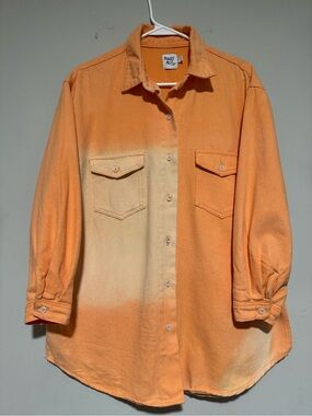 Princess Polly Denim Orange Dip-Dye Button-Down Shirt Fit overalls